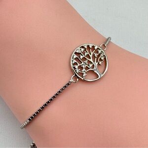 925 Sterling Silver Tree of Life CZ Adjustable Bolo Bracelet Minimalist